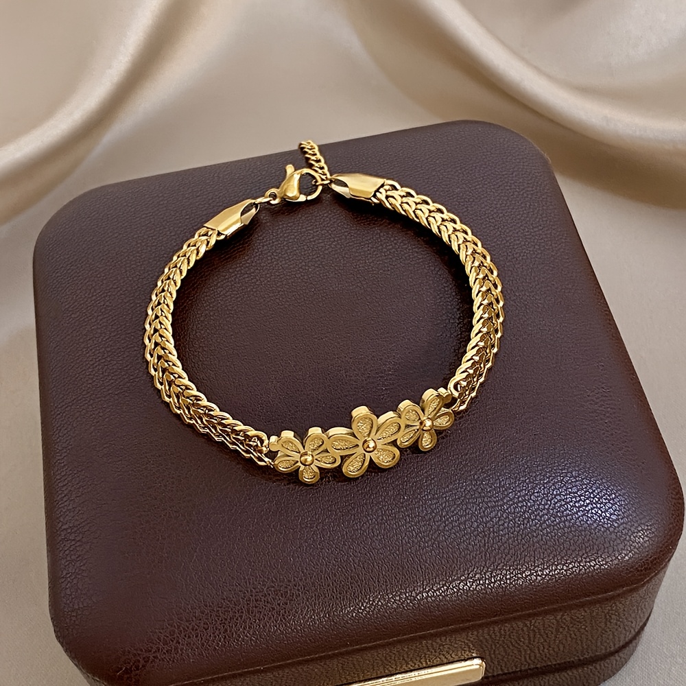 Elegant Golden Flower Matte Stainless Steel Bracelet, Unisex